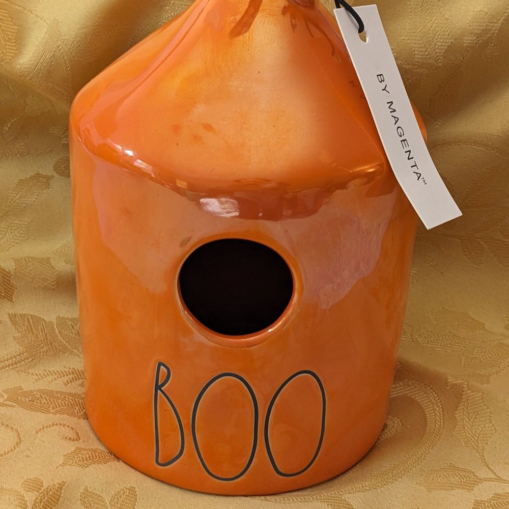 Rae Dunn Bright Orange And Black Iridescent Round Birdhouse, "BOO" Shiny Colors